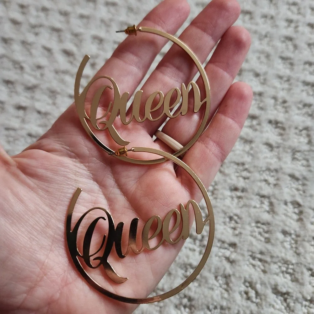 Gold Tone Queen Hoop Earrings Statement Dangle Large Fashion Jewelry